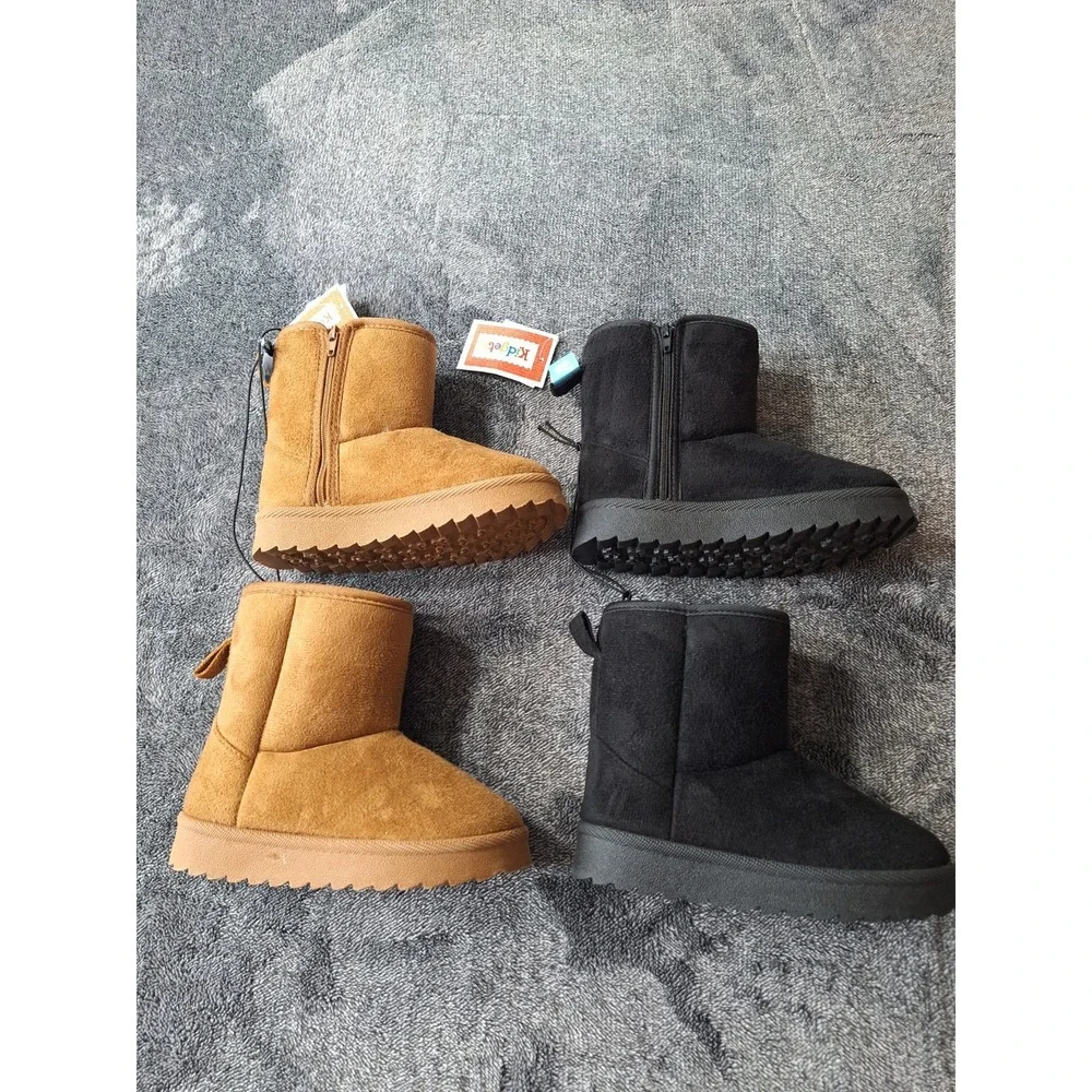 2‎ Pair Faux Suede Boots Girls 7/8 Brown Black Side Zip Lined Cozy Comfort Style